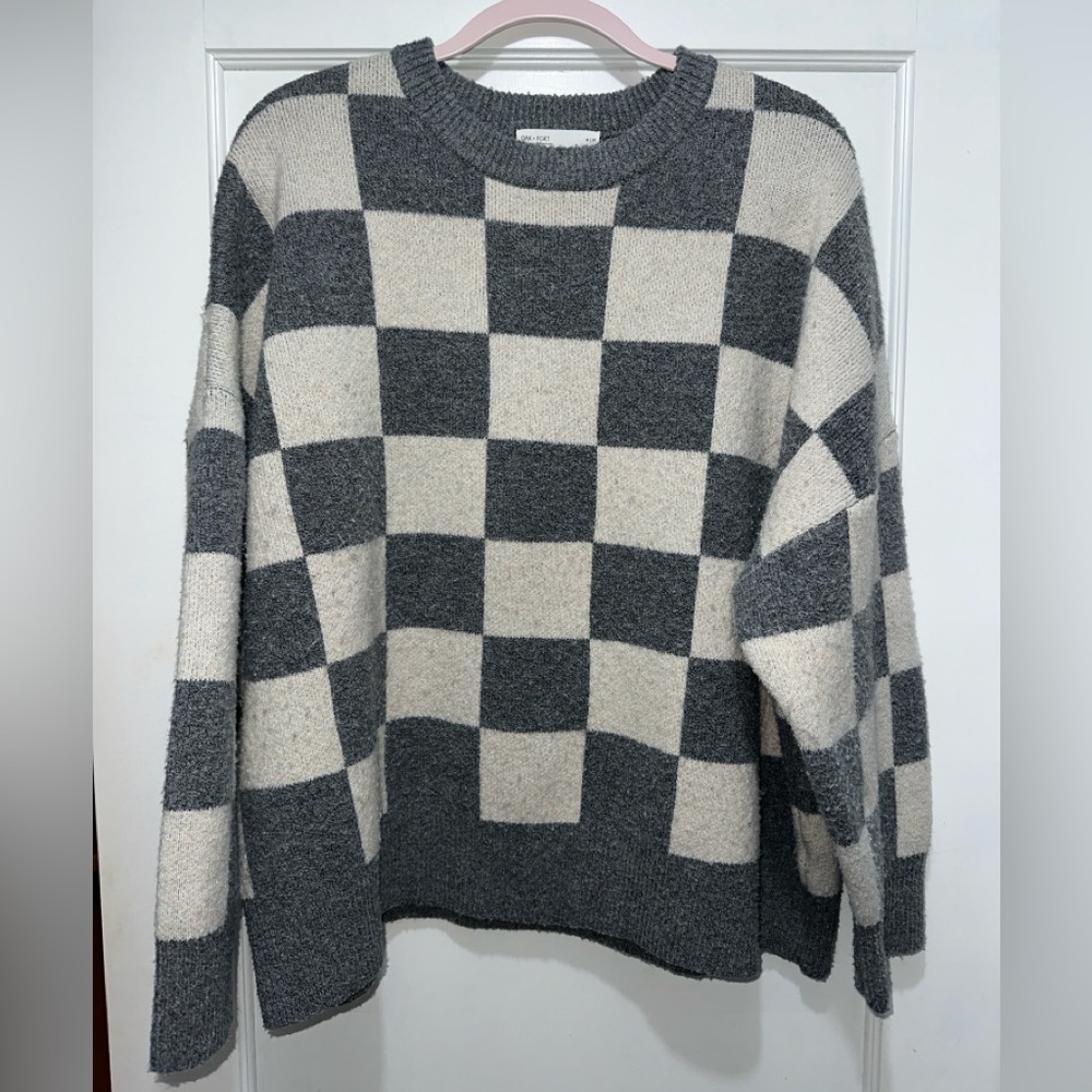 Checkered Gray and Cream Oversized Crewneck Sweater from Oak + Fort